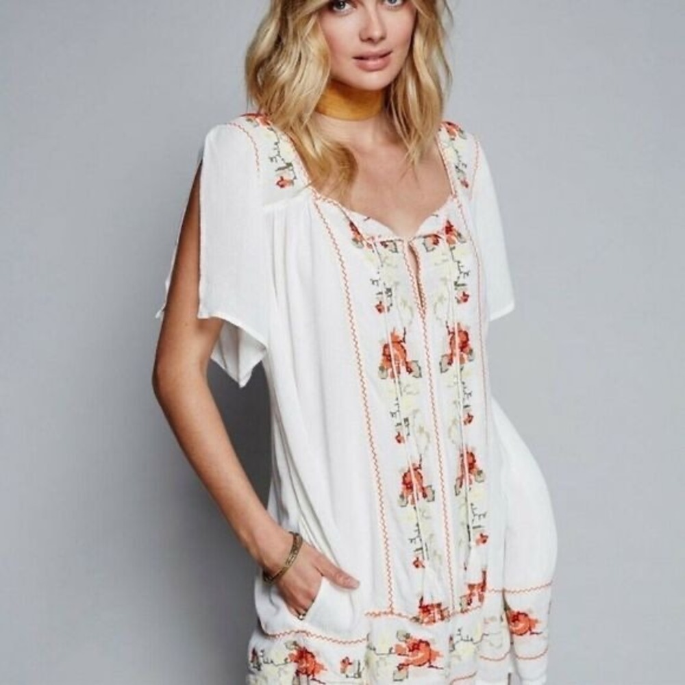 Free People Casa Azul Dress Women Small White Embroidered Boho Mini Peasant Folk